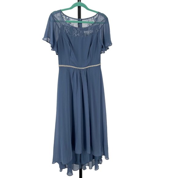 NWT Ever Pretty Hi Lo Chiffon Midi Dress sz L Illusion Lace Top Rhinestone Blue - Picture 3 of 11